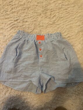 Light Blue & White Striped Casual Shorts with Orange Accent